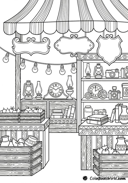 Detailed line art of a vintage market stall with antique clocks, lamps, and cameras under a striped awning.