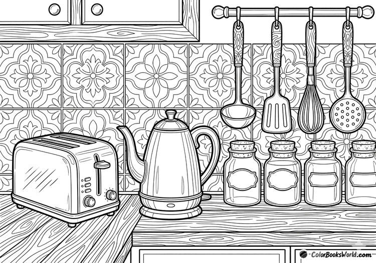 Detailed line art of a mid-century kitchen counter with a vintage toaster, kettle, and patterned tile backsplash.
