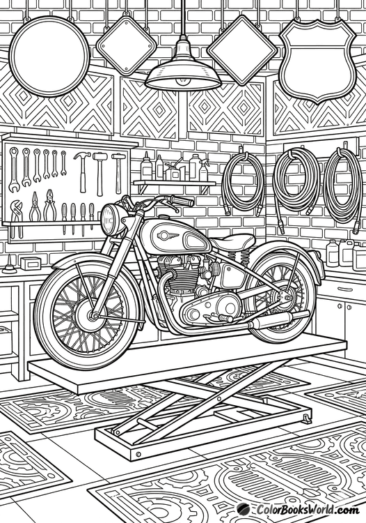 A detailed line art of a vintage motorcycle on a lift inside a classic workshop with tools and hanging signs.