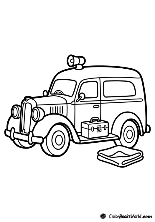 Vintage ambulance in side view with rooftop siren, round headlamps, a medical trunk, and a folded blanket.