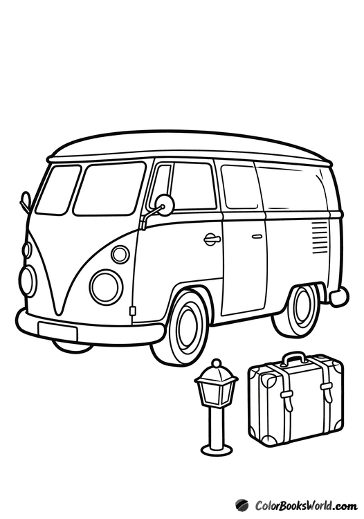 Cartoon vintage retro bus with rounded body, a road lantern, and a travel trunk beside it.