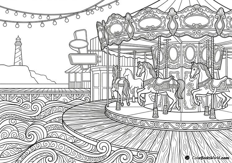 Detailed line art of a vintage carousel on a wooden pier with stylized ocean waves and a lighthouse in the background.