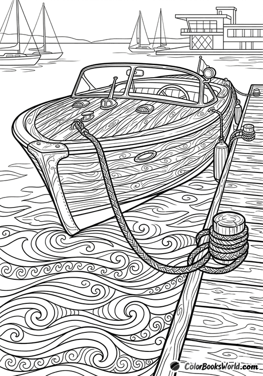 Detailed line art of a vintage wooden speedboat docked at a pier with stylized waves and distant sailboats.
