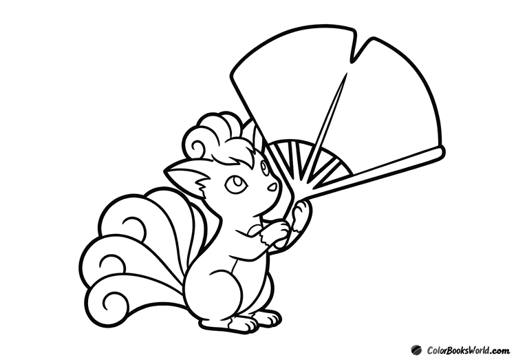 Elegant Vulpix sitting and holding a large leaf fan.