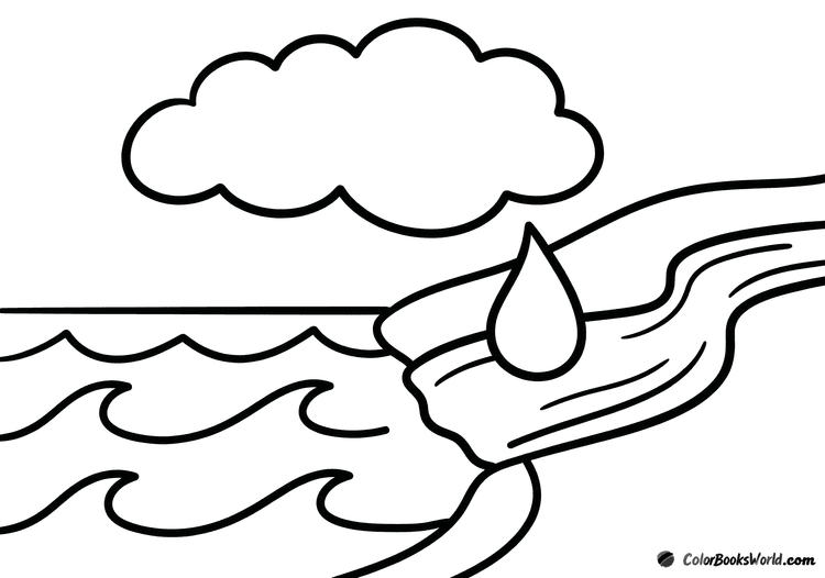 Simple water cycle drawing with ocean waves, a large cloud, one raindrop, and a river flowing to the sea.