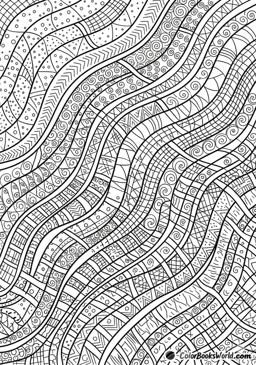 Intricate black and white line art of a wavy lattice filled with various micro-motifs like spirals and dots.