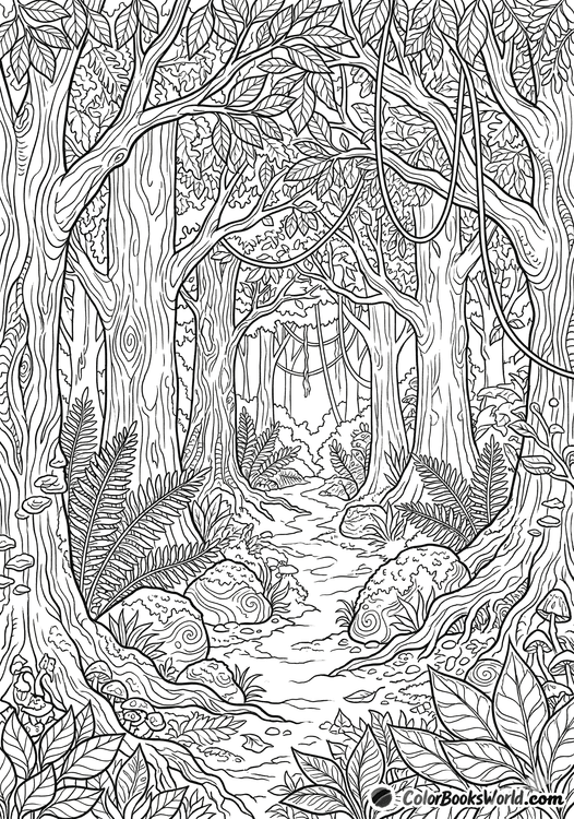 Line art of a winding forest path with tall trees, ferns, and mossy stones.
