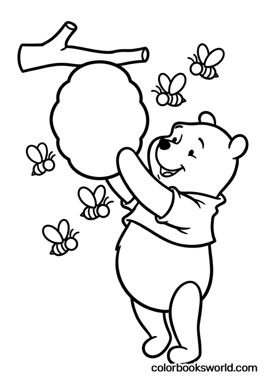 Winnie the Pooh holds a hanging beehive as bees buzz around him.