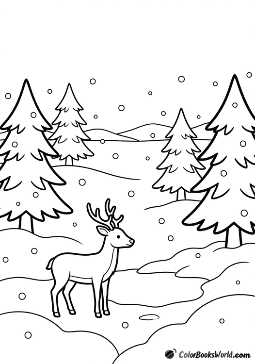 A cartoon deer stands in a snowy clearing among pine trees with falling snowflakes.