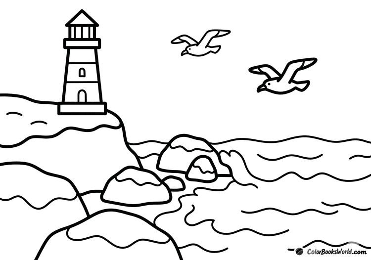 Cartoon lighthouse on a snowy cliff above gentle ocean waves with seabirds in the sky.