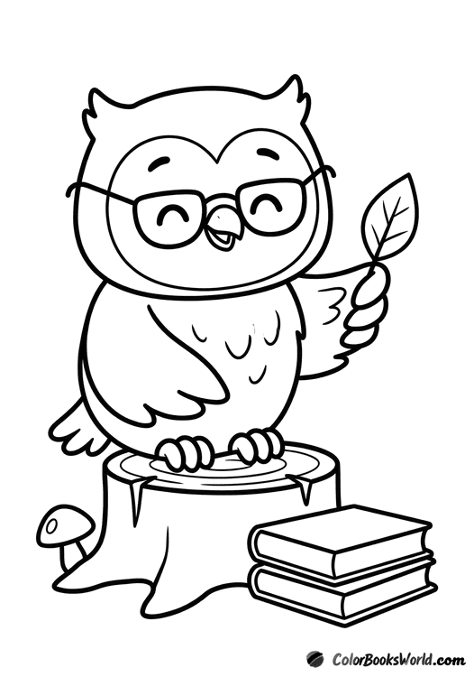 Cute owl wearing glasses sits on a stump beside a stack of books and a small mushroom.