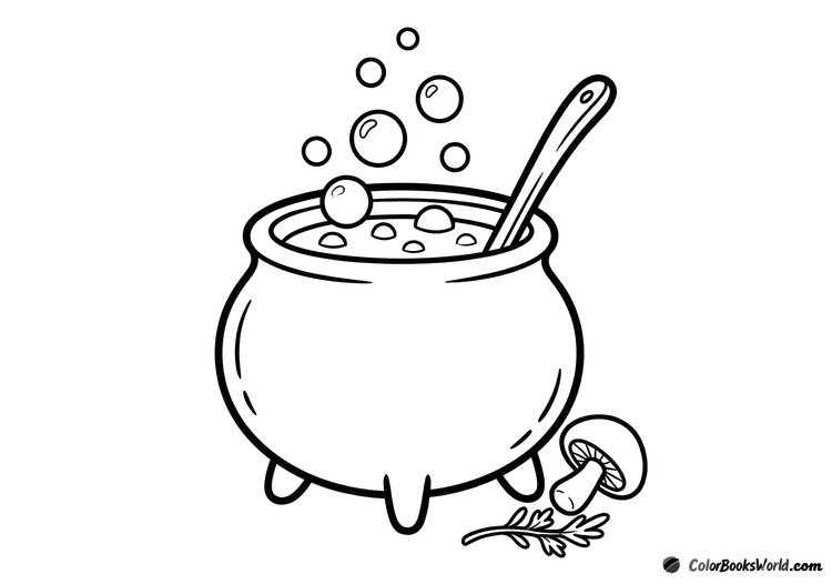 Round witch cauldron with bubbling potion, a wooden ladle, a small mushroom, and an herb sprig.