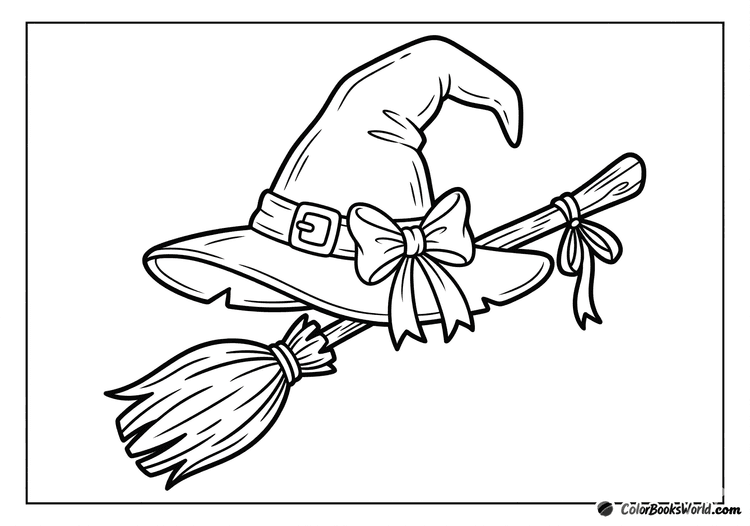 A pointed witch hat with a buckle beside a wooden broom tied with a ribbon.