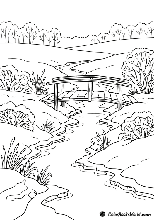 Simple drawing of a small wooden footbridge over a partly frozen stream with snowy banks and reeds.