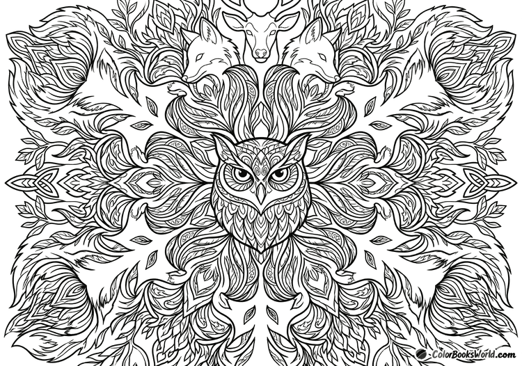 Intricate mandala showing an owl, foxes, and stags arranged in radial symmetry.