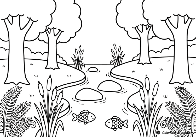 A gentle woodland stream with cartoon fish, smooth stones, cattails, and ferns along the banks.