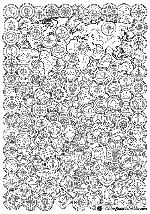 Detailed line art of a world map surrounded by circular travel stamps featuring nautical and geographic icons.