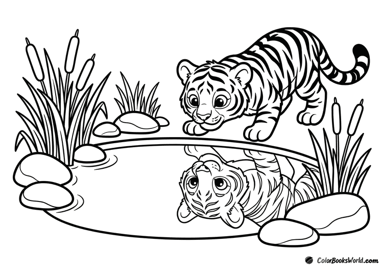 A tiger cub looks at its reflection in a calm pond beside reeds and smooth stones.