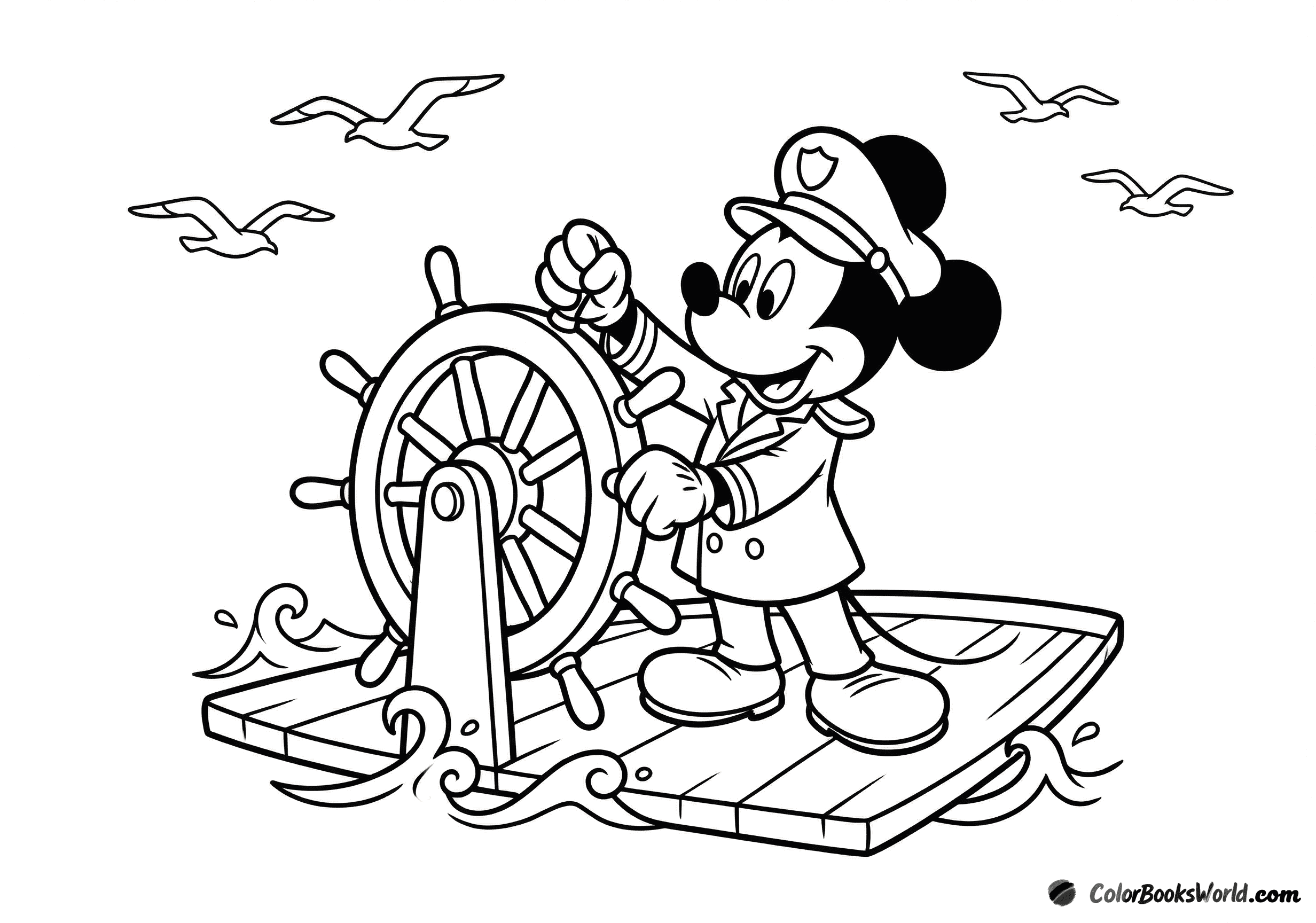 Mickey Mouse stands at a ship’s wheel, with ocean waves and seagulls in the background.