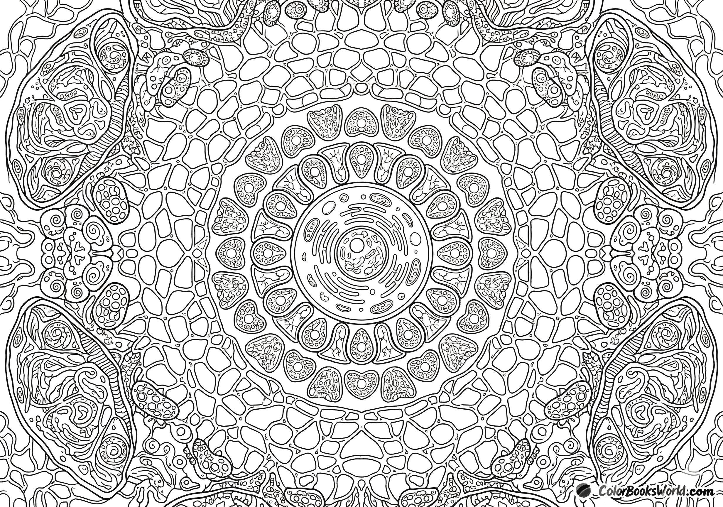 Intricate mandala with stylized biological cells, spores, and filament-like networks in a radial pattern.