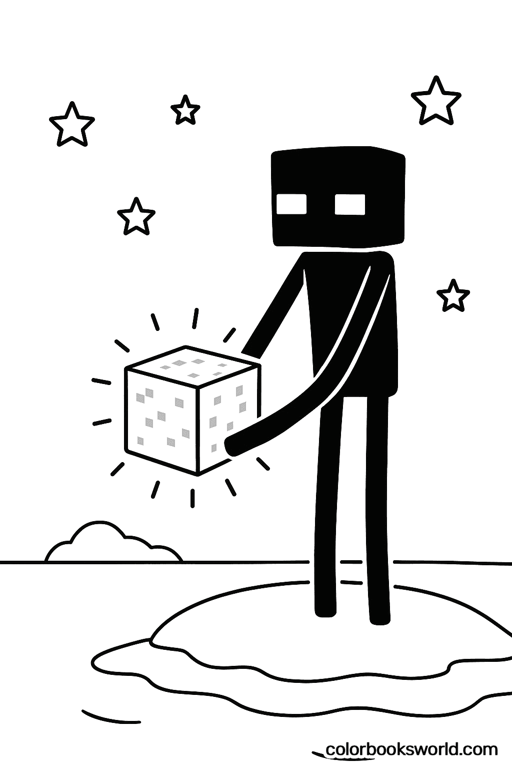 Tall blocky Enderman holding a glowing block above a small island under a starry sky.