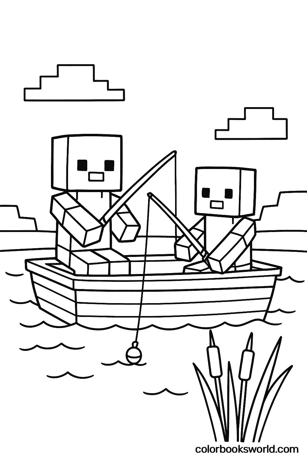 Two blocky Minecraft players fish from a wooden boat on a calm lake with reeds and clouds.