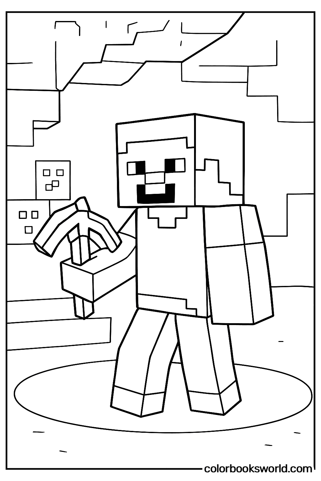 Blocky Minecraft character holding a pickaxe in front of a cave and stacked ore blocks.