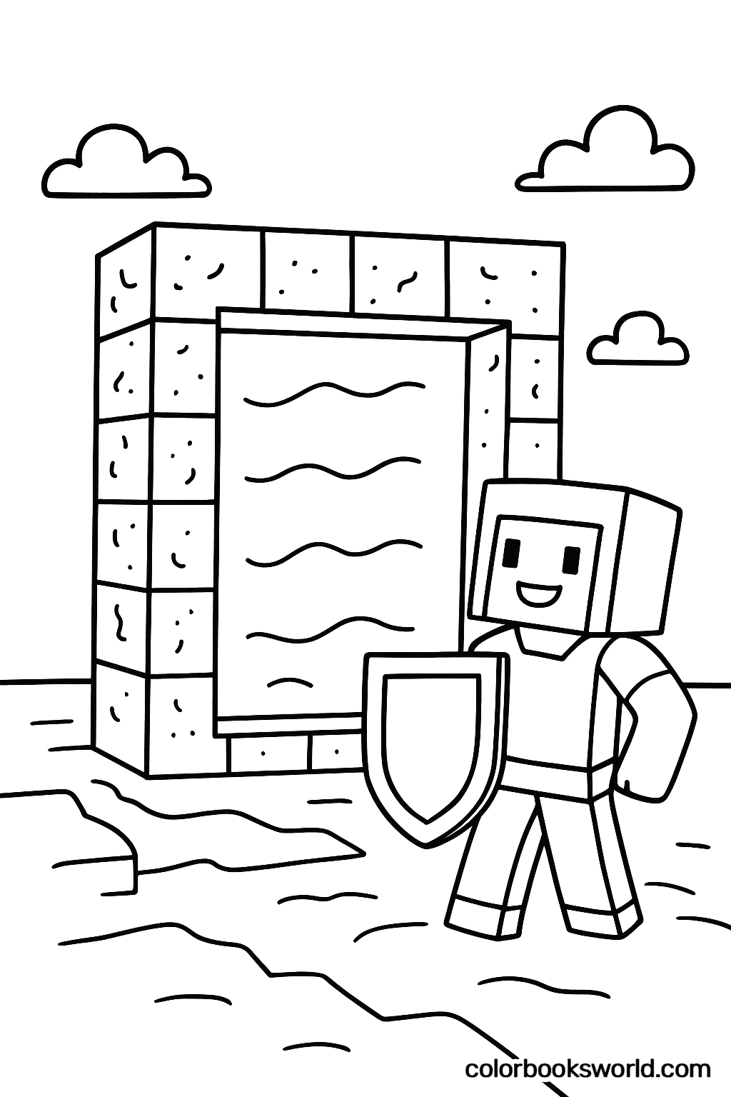 Blocky Minecraft player holding a shield beside a square stone-framed portal on the shoreline under clouds.