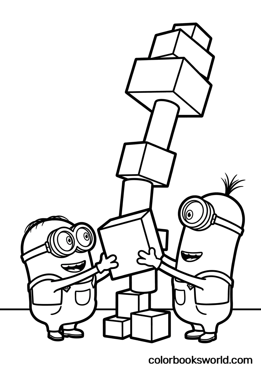 Otto hands a block to Phil as they build a tall, wobbling tower of oversized plain blocks.