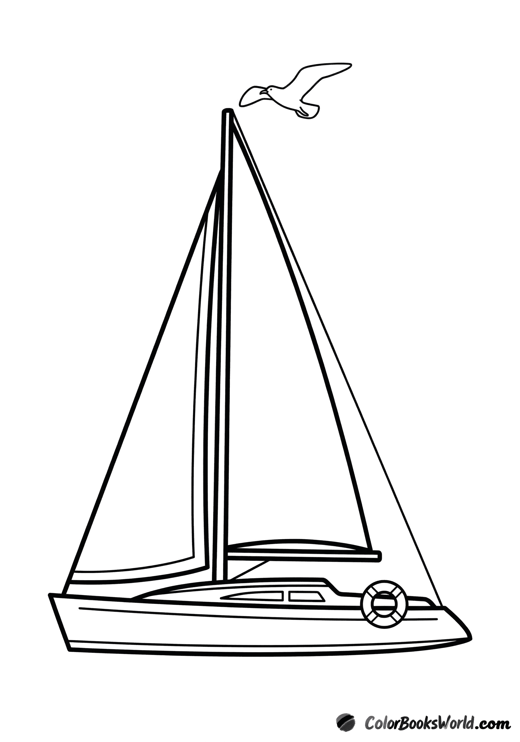 Un yacht à voile de luxe moderne avec une bouée de sauvetage sur le pont et une mouette au-dessus.