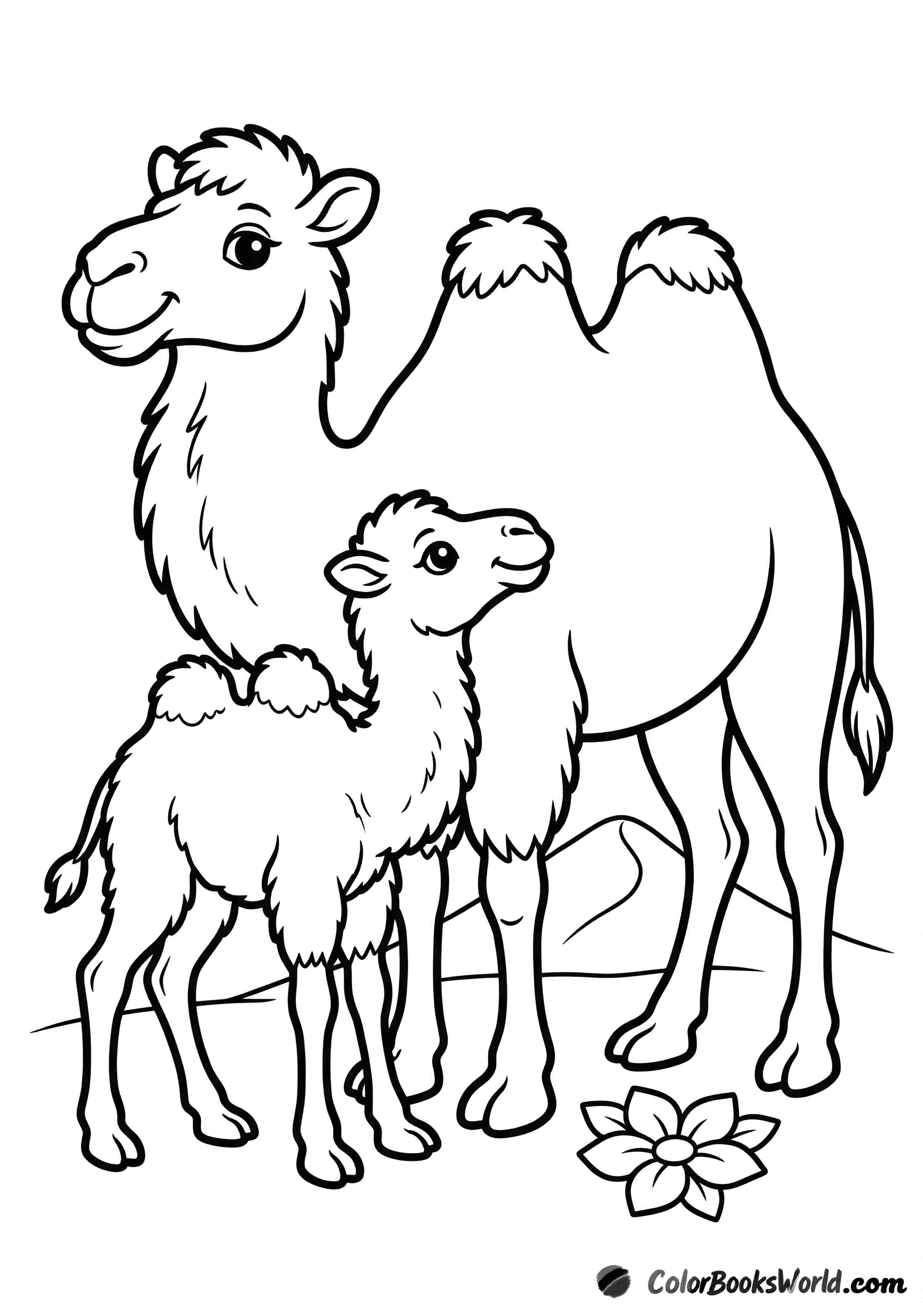 A mother Bactrian camel with her fluffy calf standing on a sandy mound near a small desert flower.