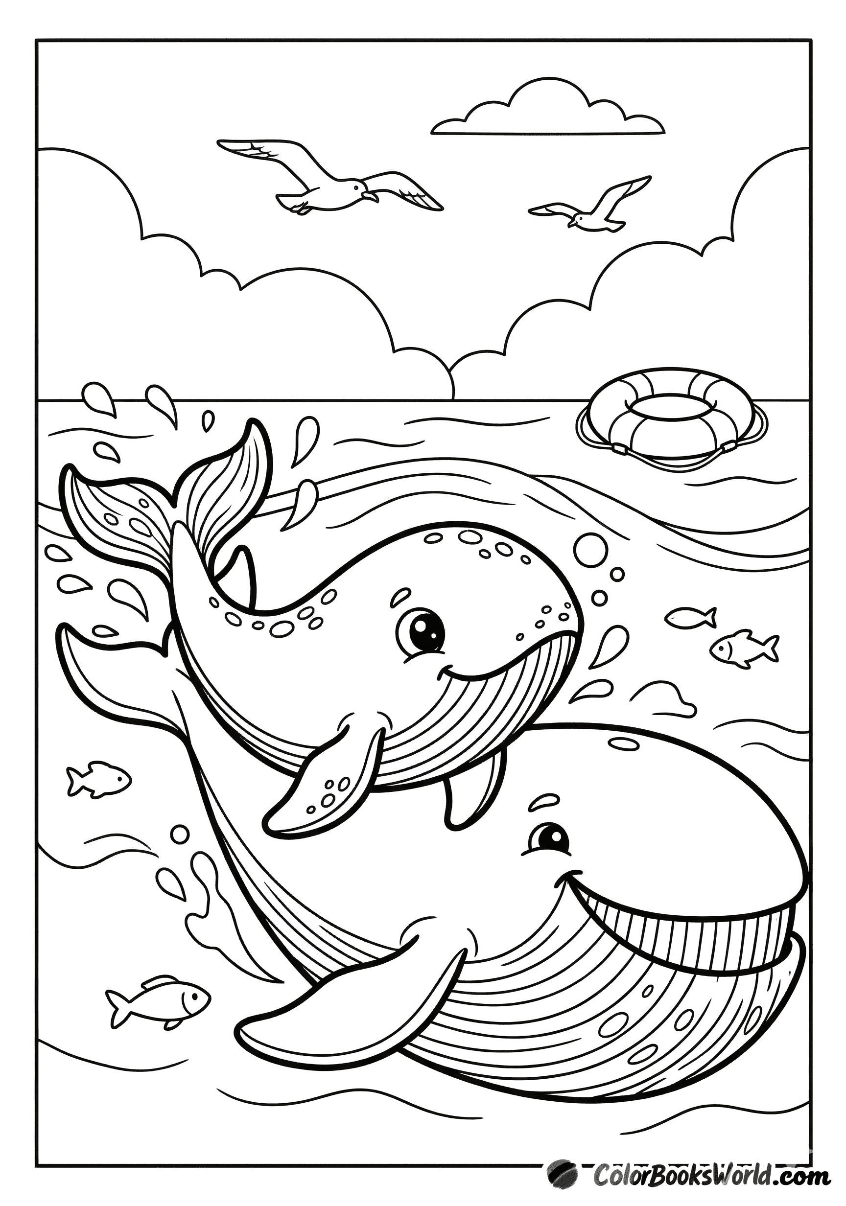 A baby humpback whale splashes beside its smiling mother near the ocean surface.