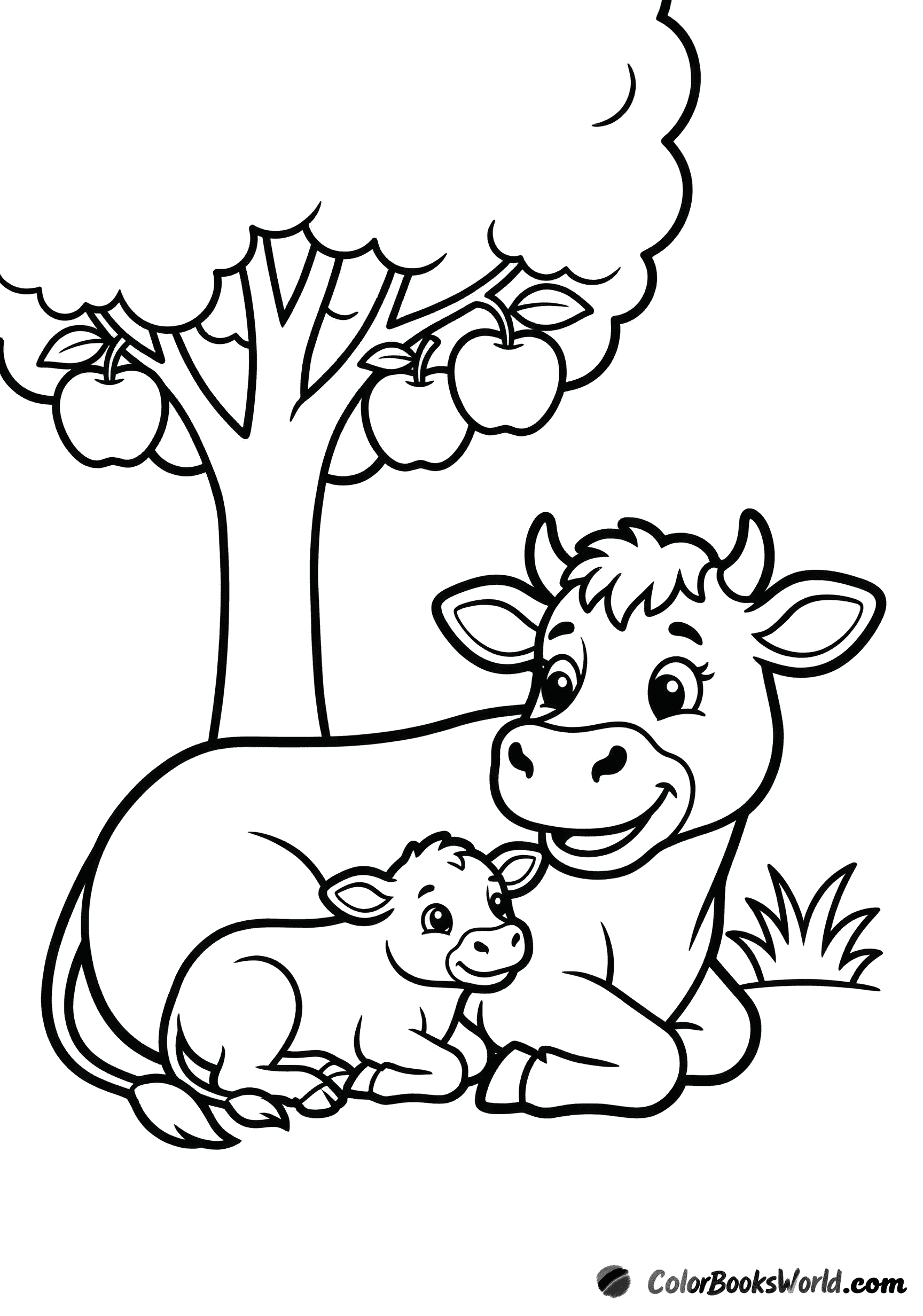 A mother cow lies with her calf in a meadow beneath an apple tree with two apples.