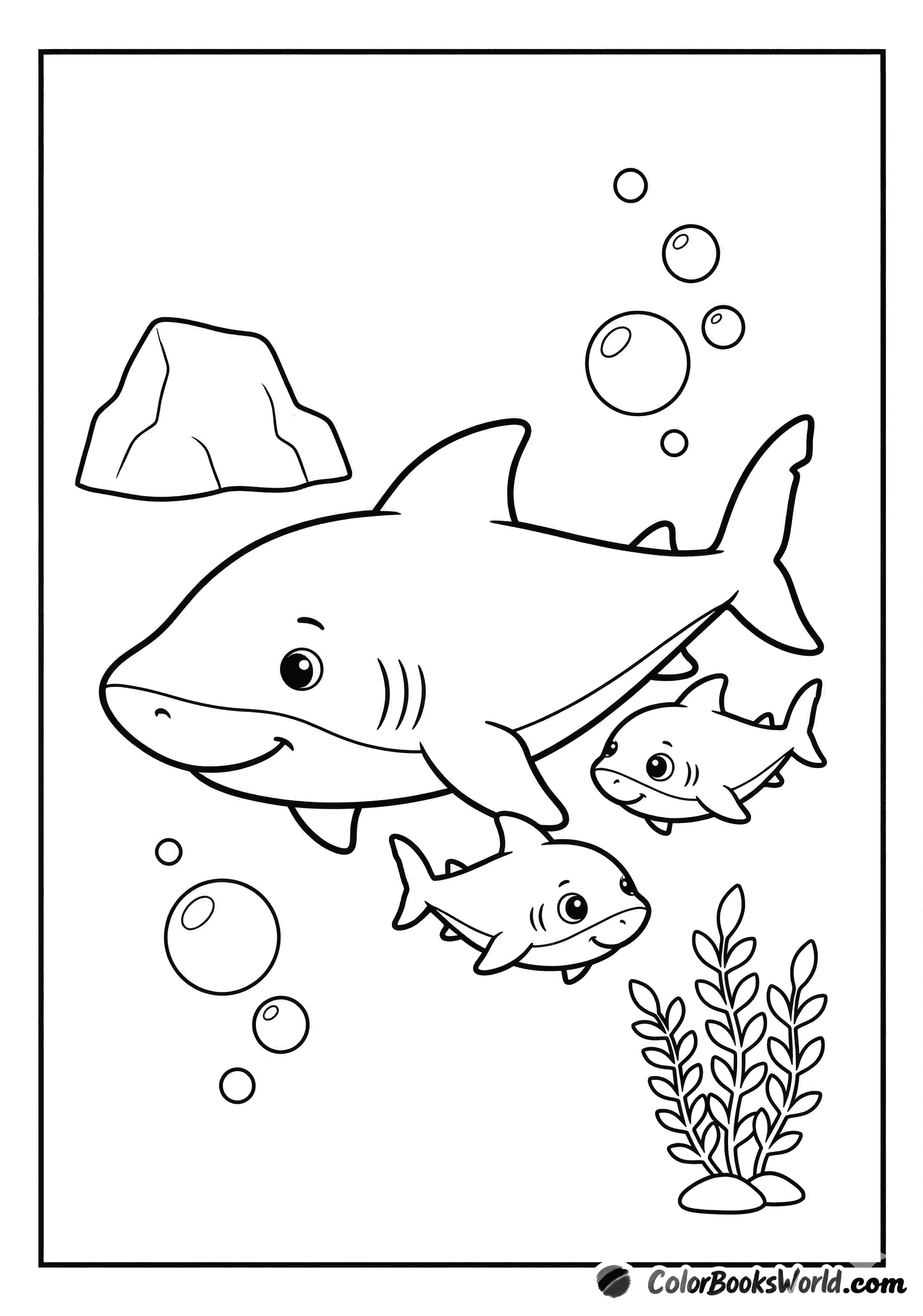 A friendly mother shark swims with two baby sharks near a rock, seaweed, and bubbles.