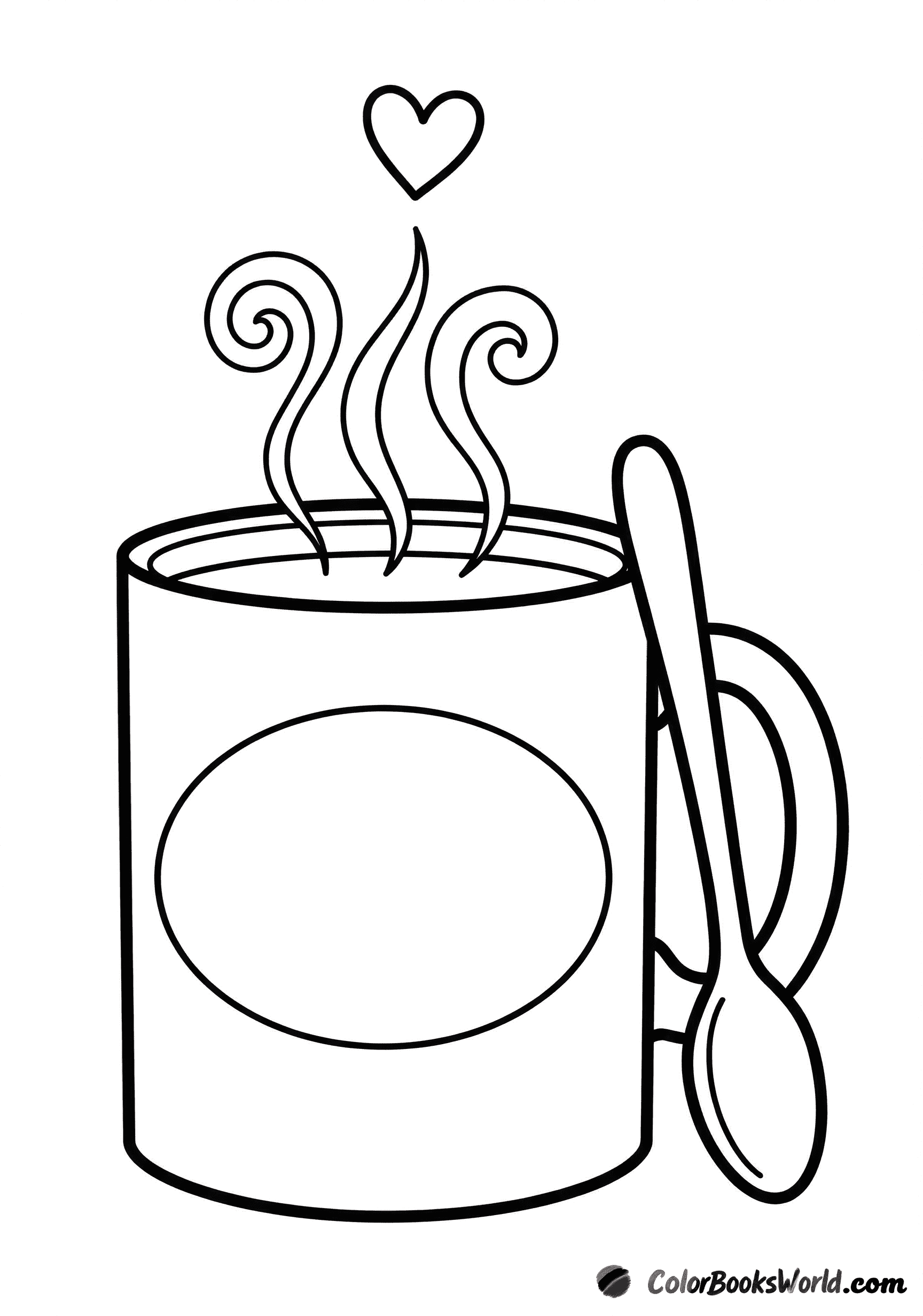A simple mug with a blank label area, heart-shaped steam rising above it, and a spoon leaning on the side.