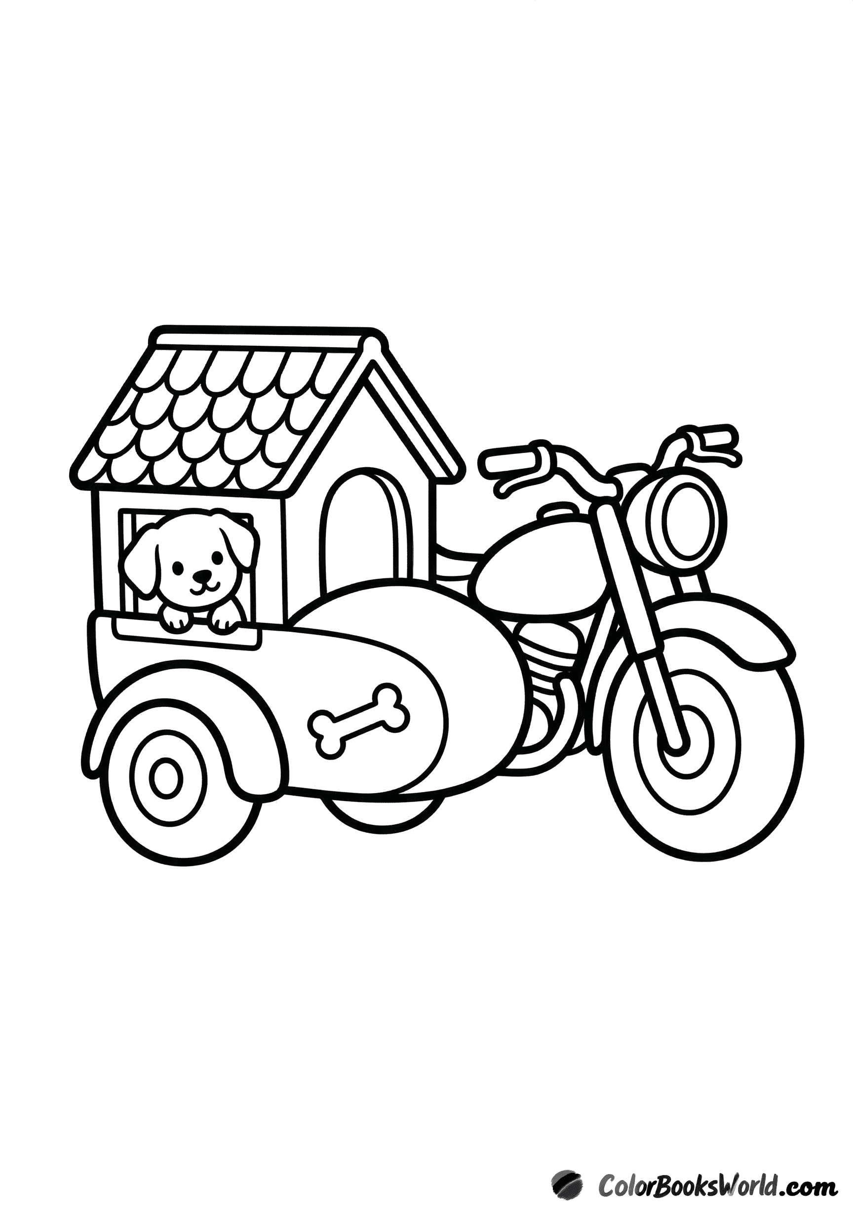 Cartoon motorcycle with a doghouse-shaped sidecar and a puppy peeking out.