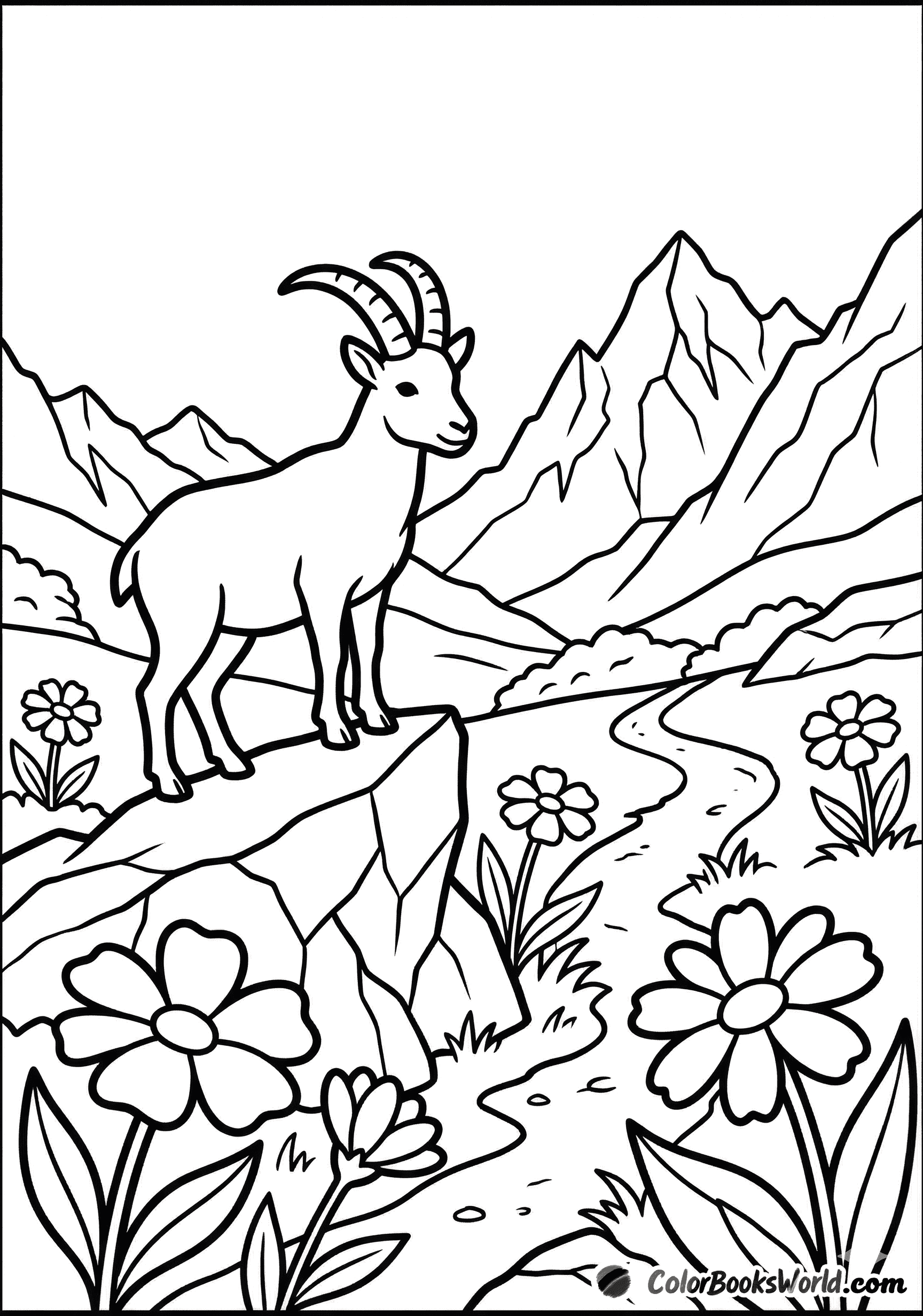 A mountain goat stands on a rock in an alpine meadow with wildflowers and distant peaks.