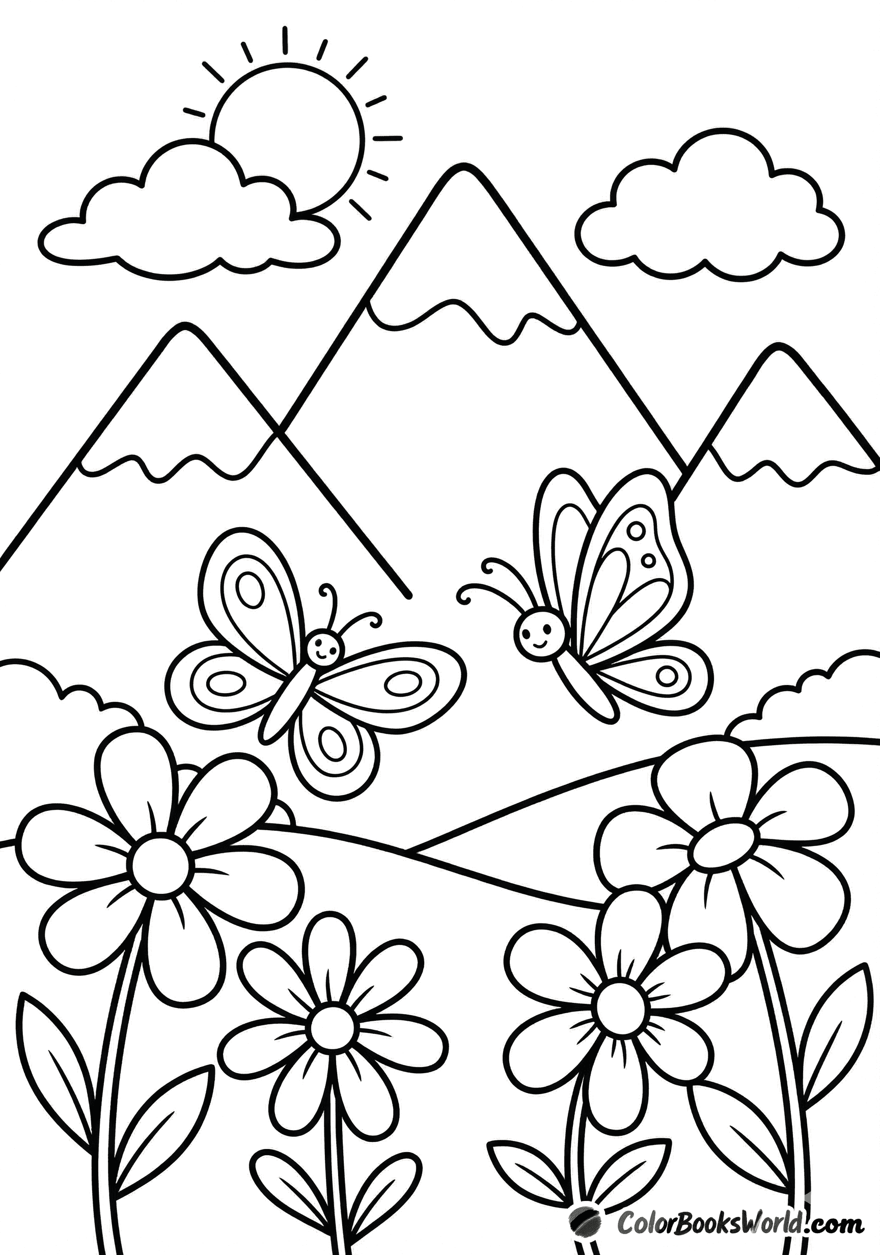 Two large cartoon butterflies flying over a mountain meadow with big flowers and a smiling sun.