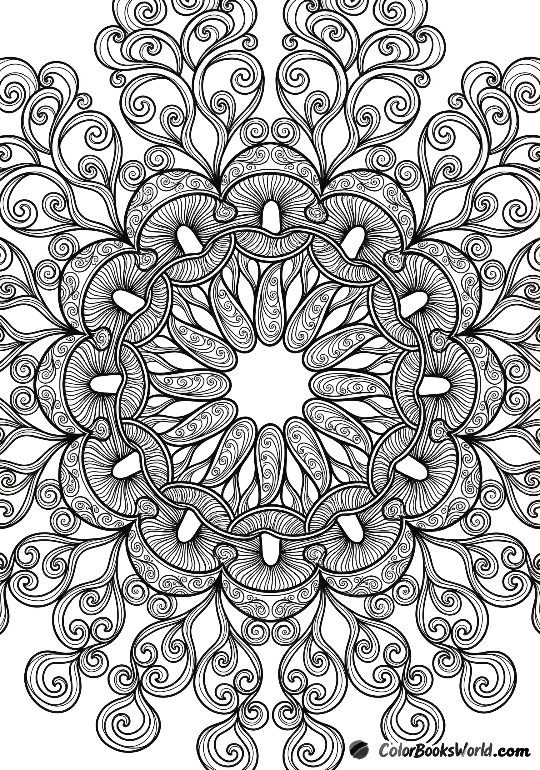 A detailed mandala composed of stylized mushroom caps with intricate gill patterns and flowing mycelial filigree.