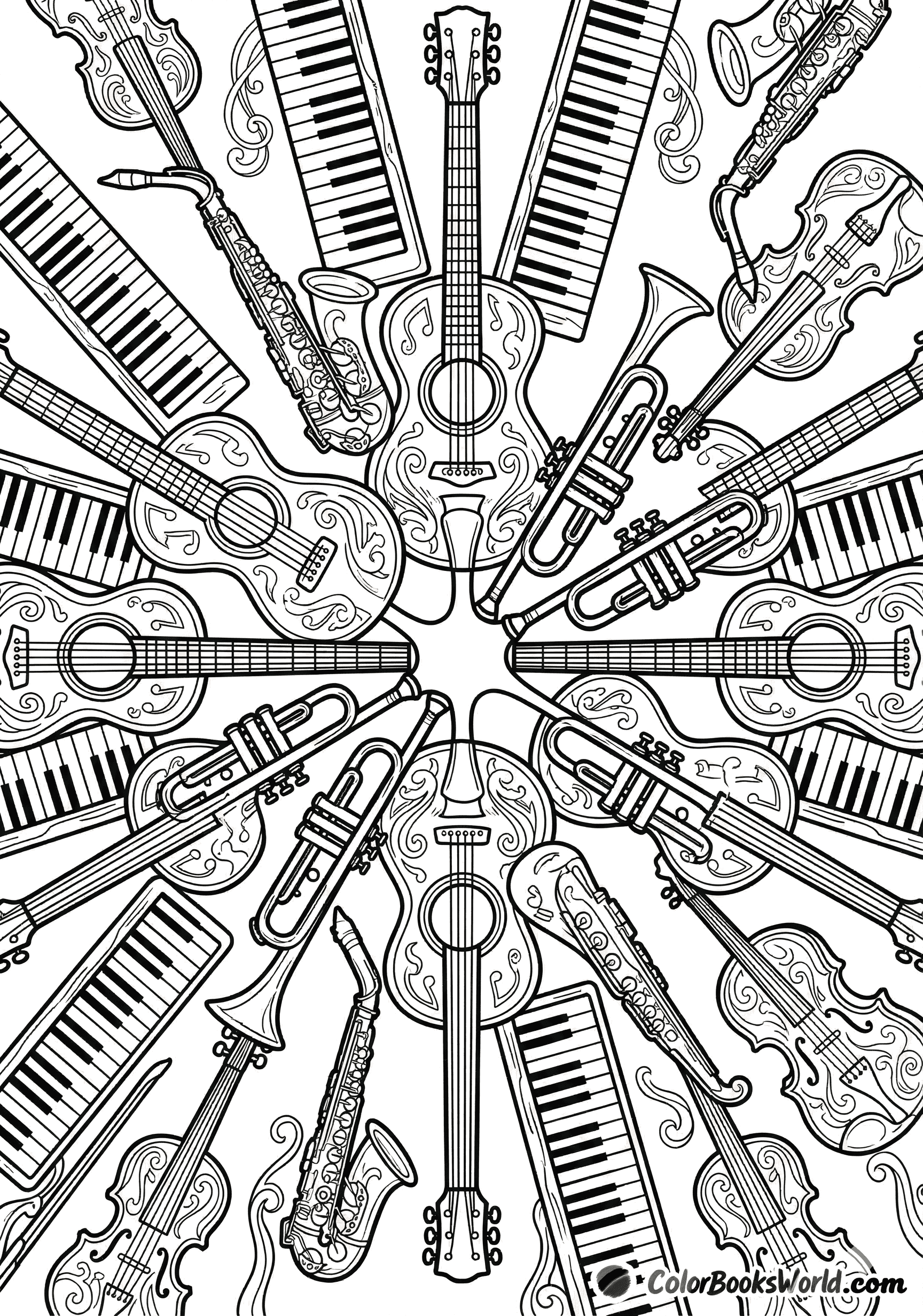 A radial arrangement of guitars, saxophones, trumpets, and piano keys in a complex line art kaleidoscope.