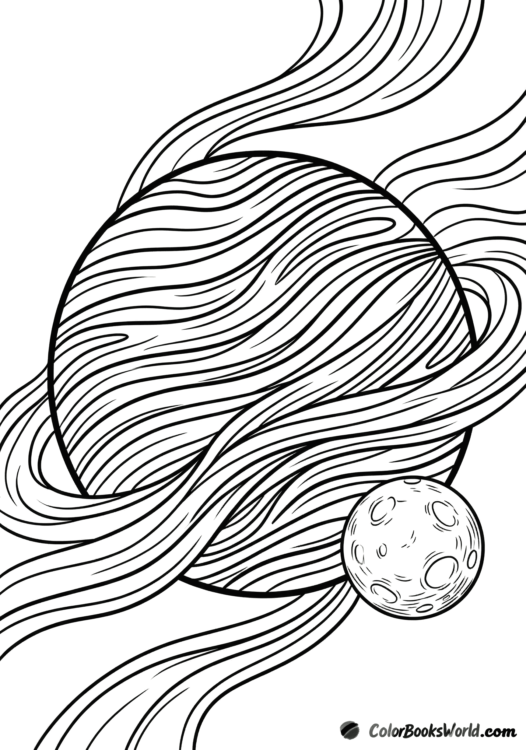 Neptune with wavy atmospheric bands and wind currents beside a cratered moon.