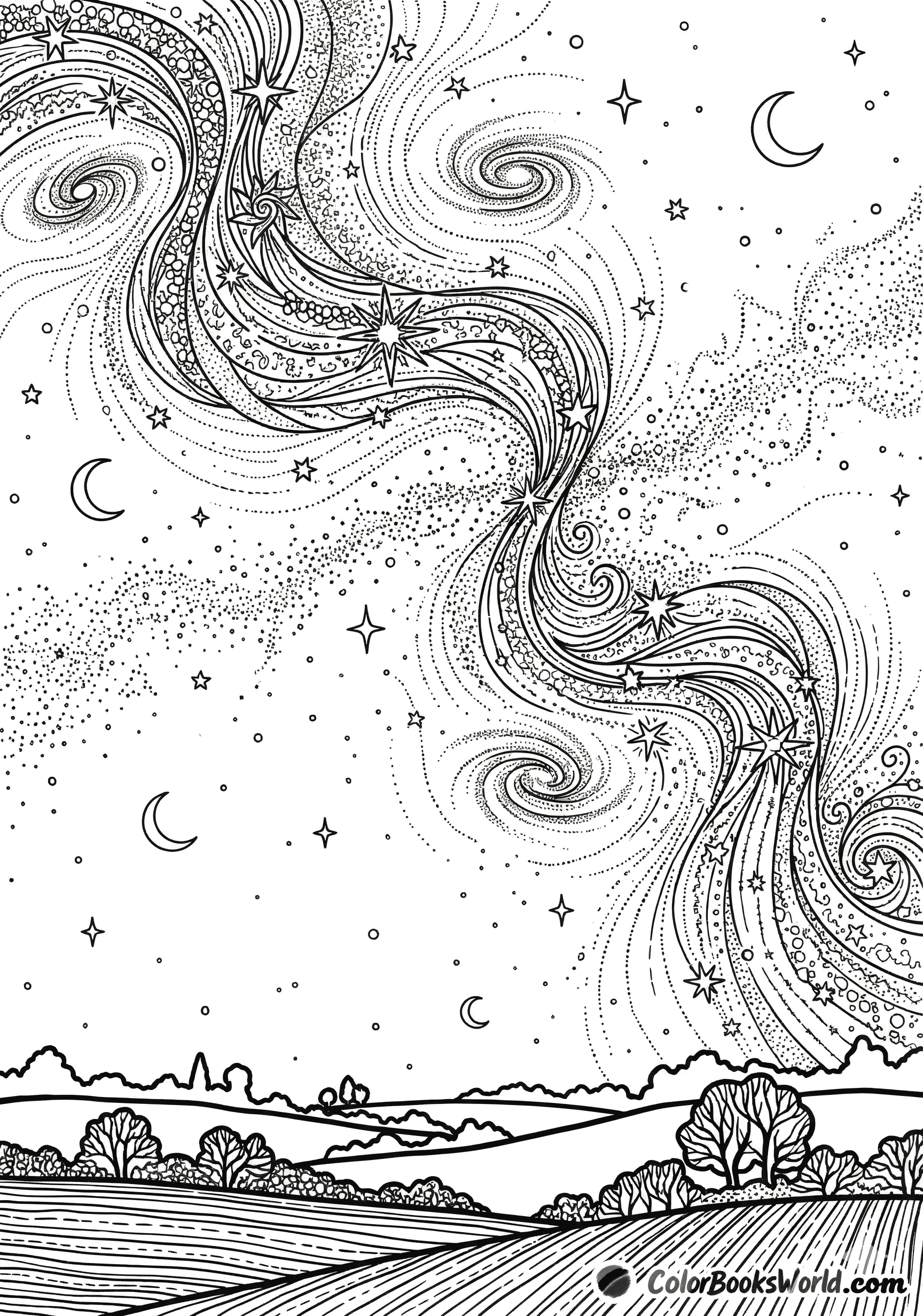 Detailed line art of a swirling Milky Way above rural fields and trees under a starry night sky.