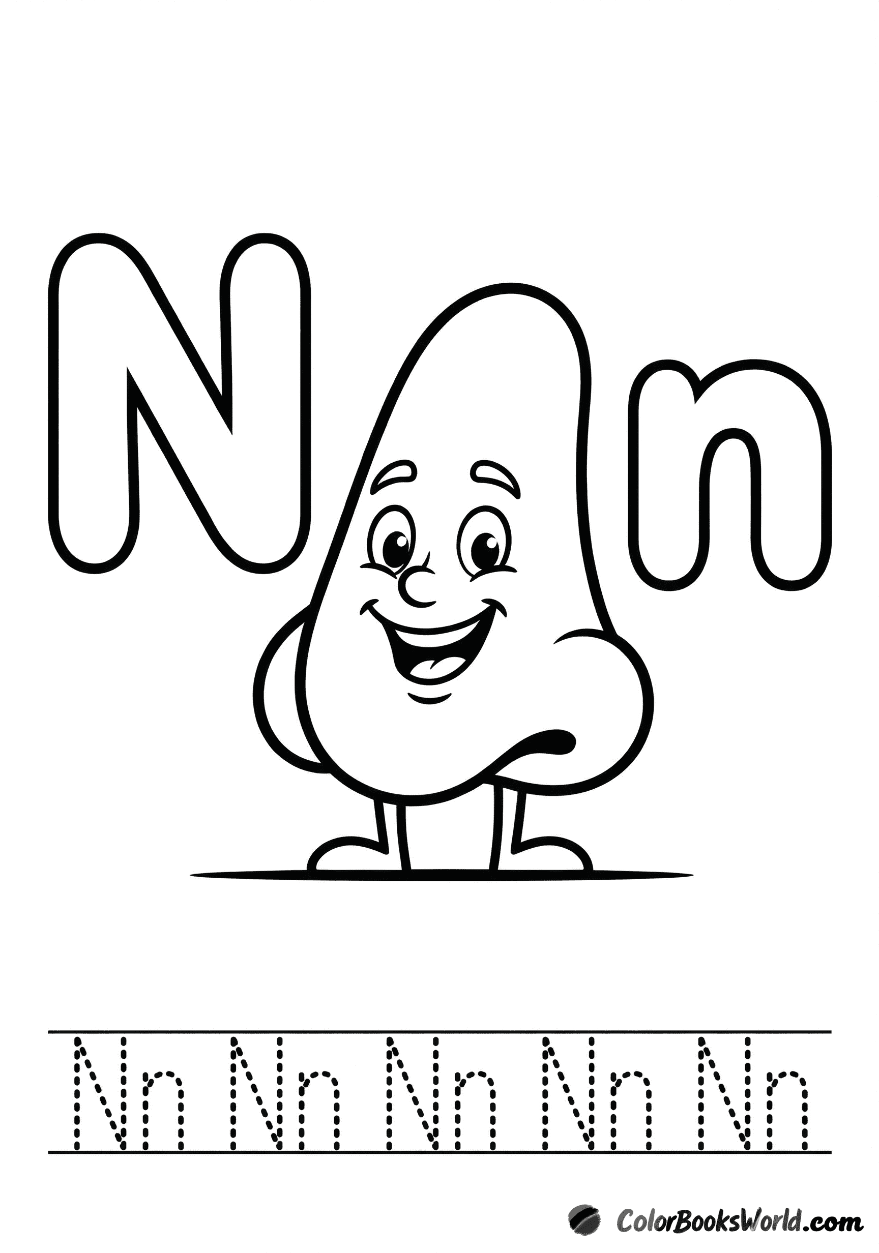Cartoon face with a big smiling nose between uppercase N and lowercase n, with a dotted tracing line below.