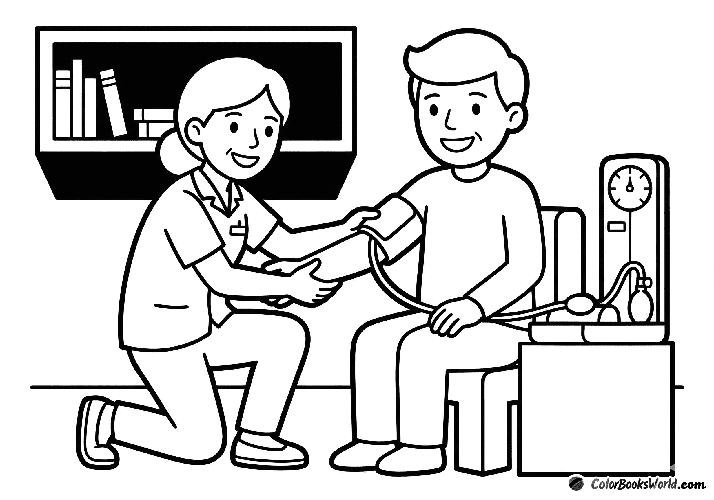 A nurse in uniform wraps a blood pressure cuff around a patient’s arm in a clinic room.