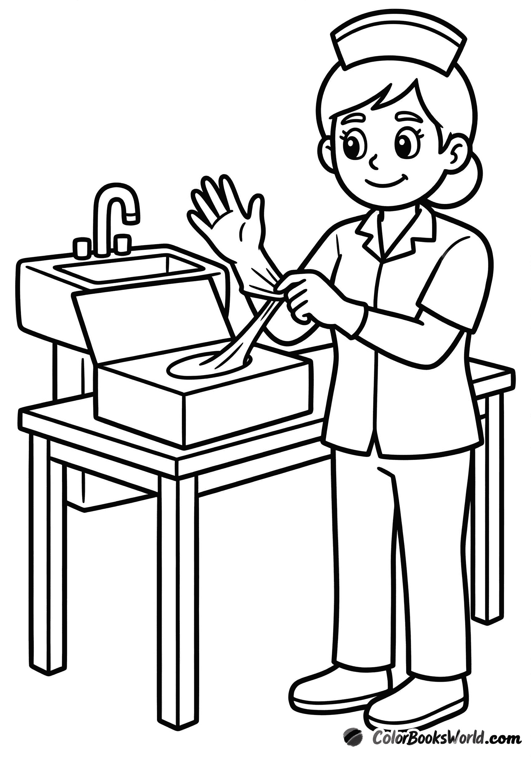 A nurse in uniform puts on disposable medical gloves near a sink in a prep room.