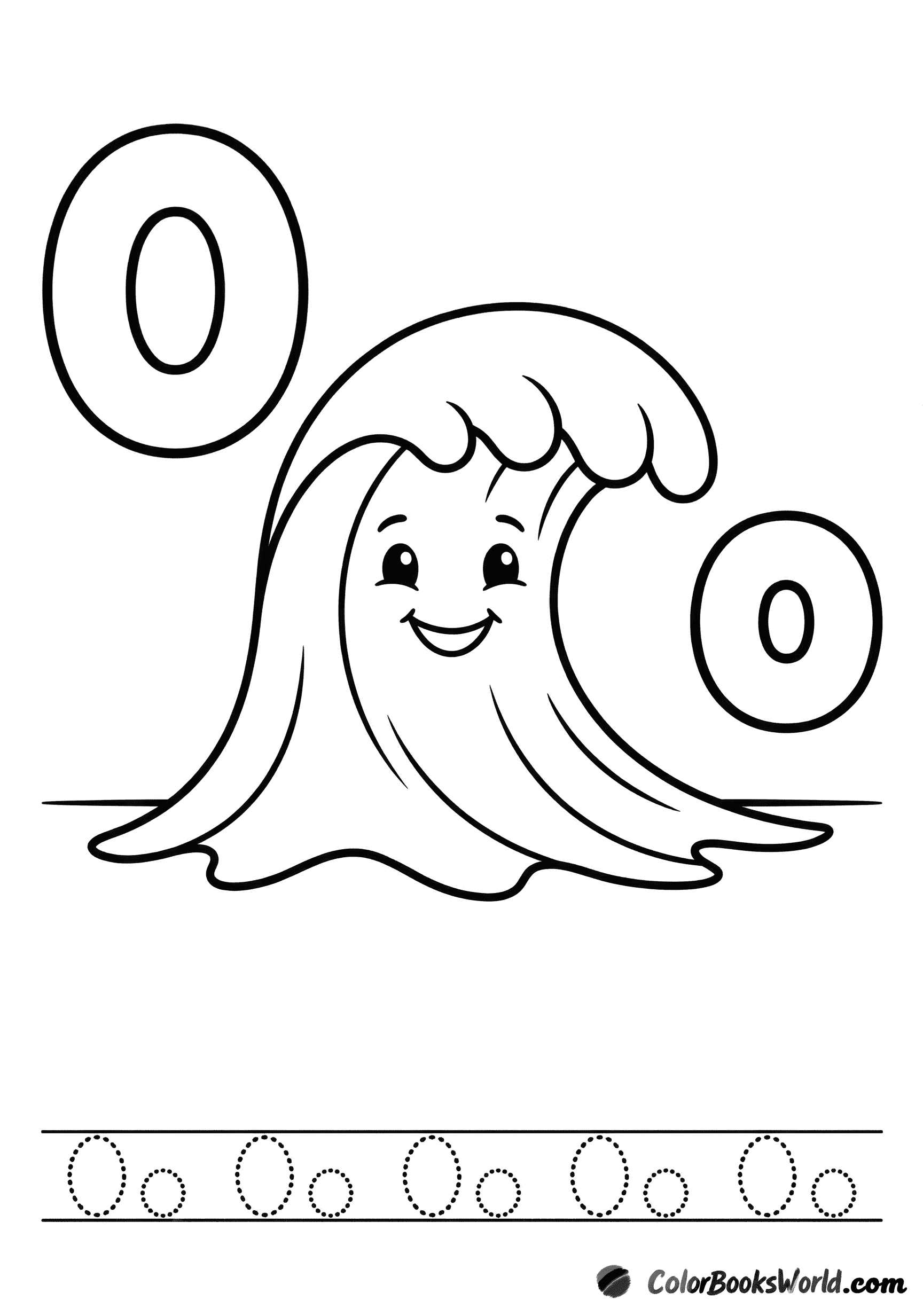 A smiling ocean wave beside big bubble letters O and o, with a dotted tracing line below.