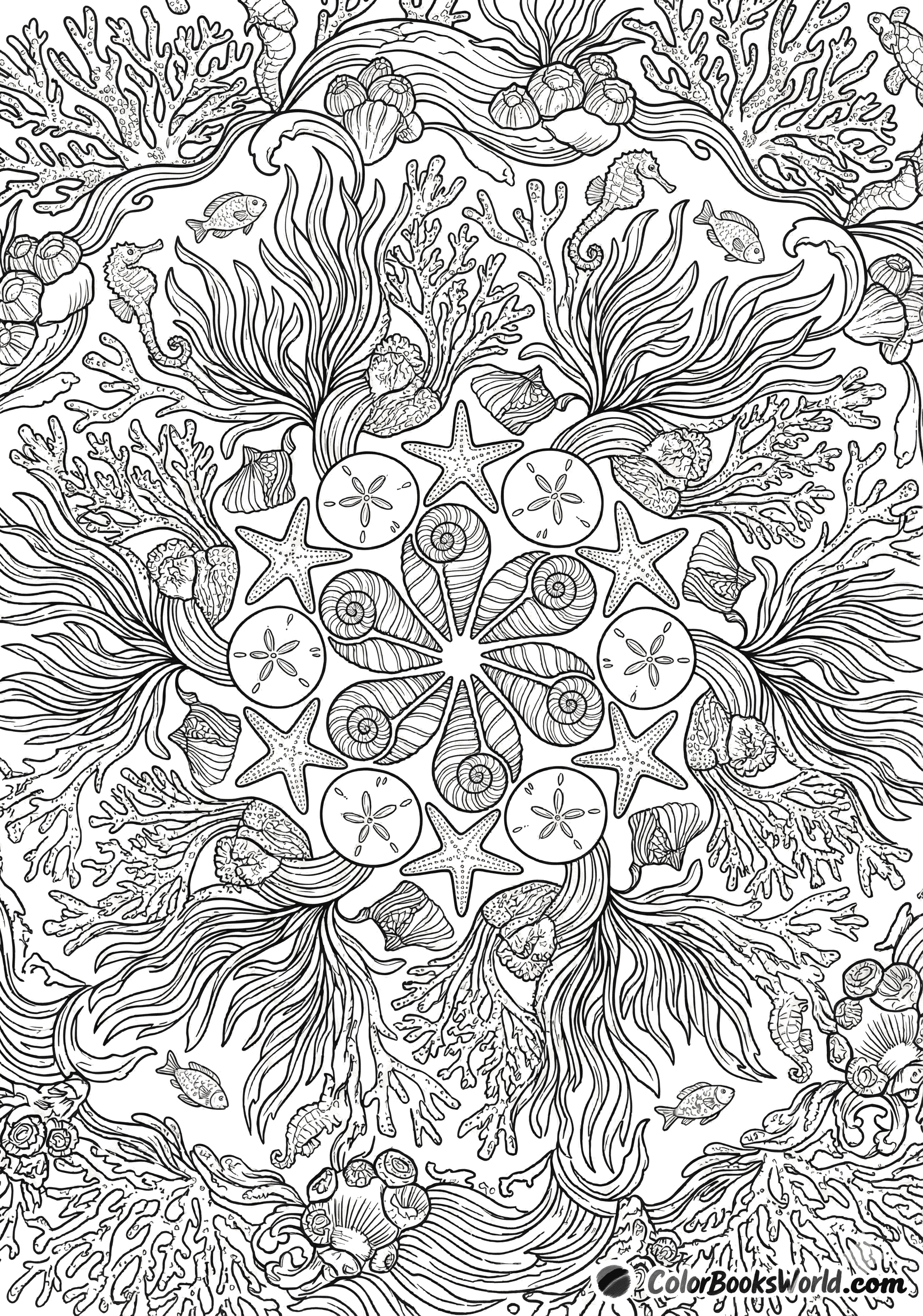 Intricate ocean mandala with shells, starfish, seahorses, and coral arranged in a circle.