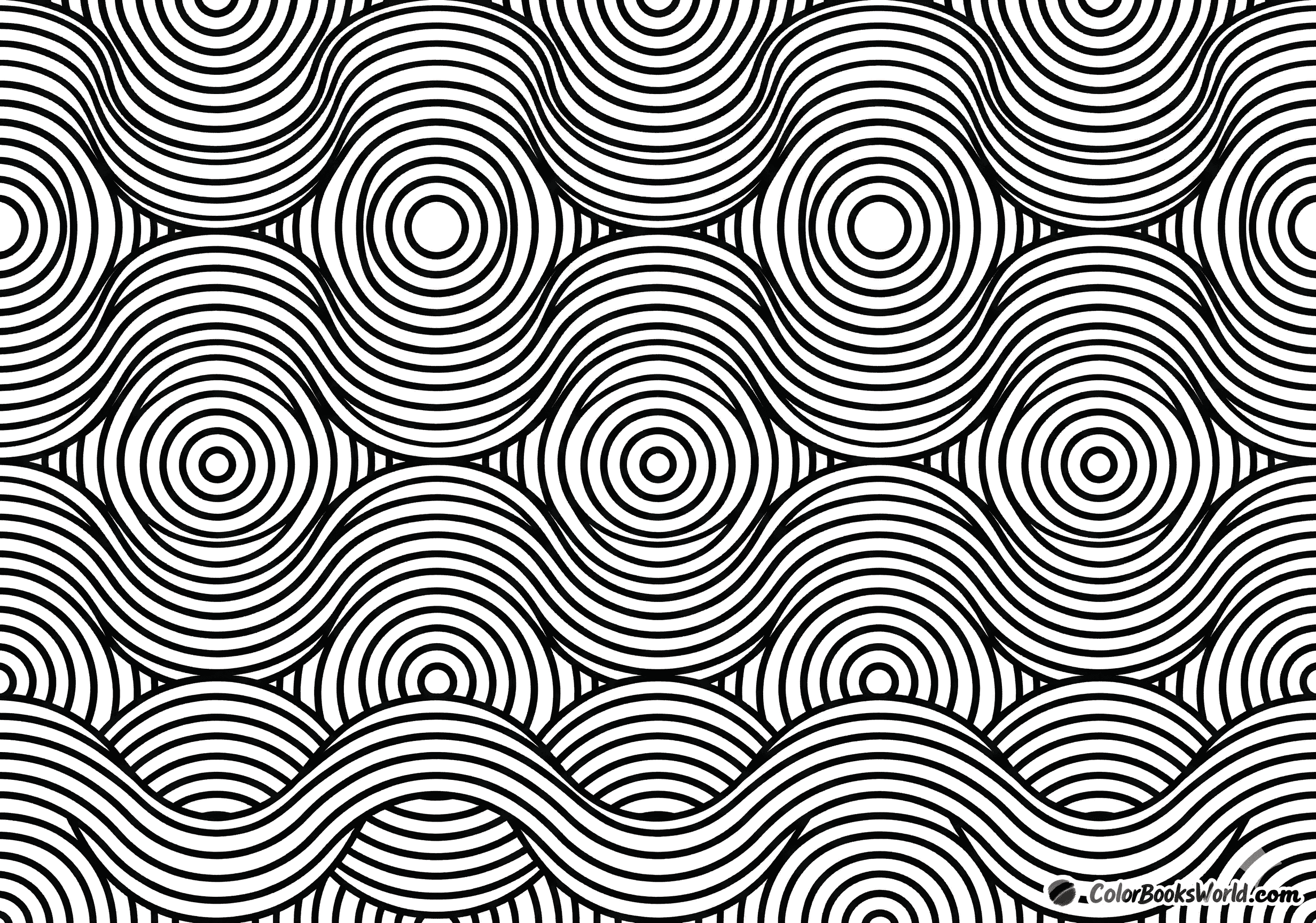 A hypnotic geometric pattern with concentric circles and flowing wave lines in black and white.