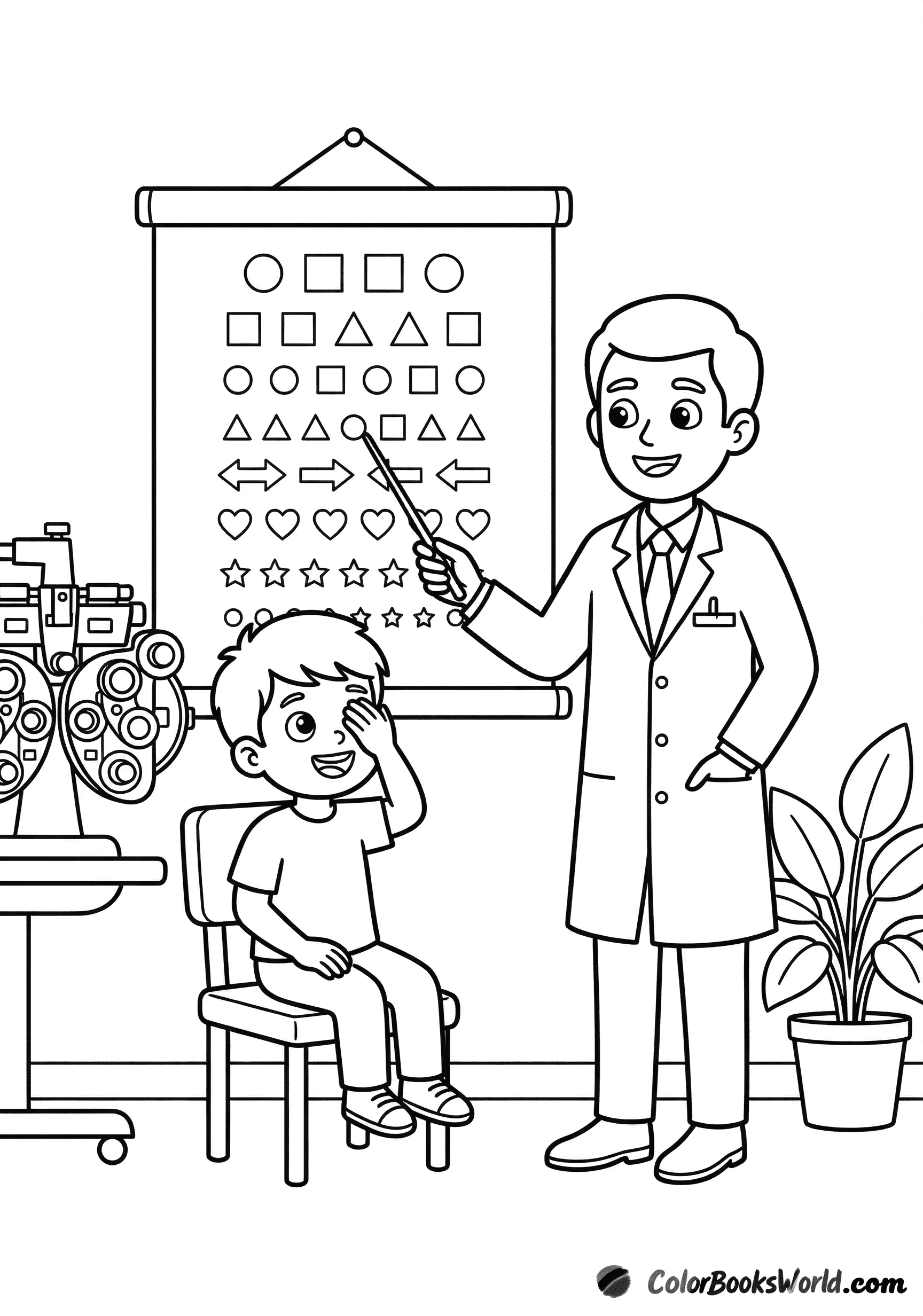 An ophthalmologist pointing to a vision chart with shapes while a child covers one eye for an exam.