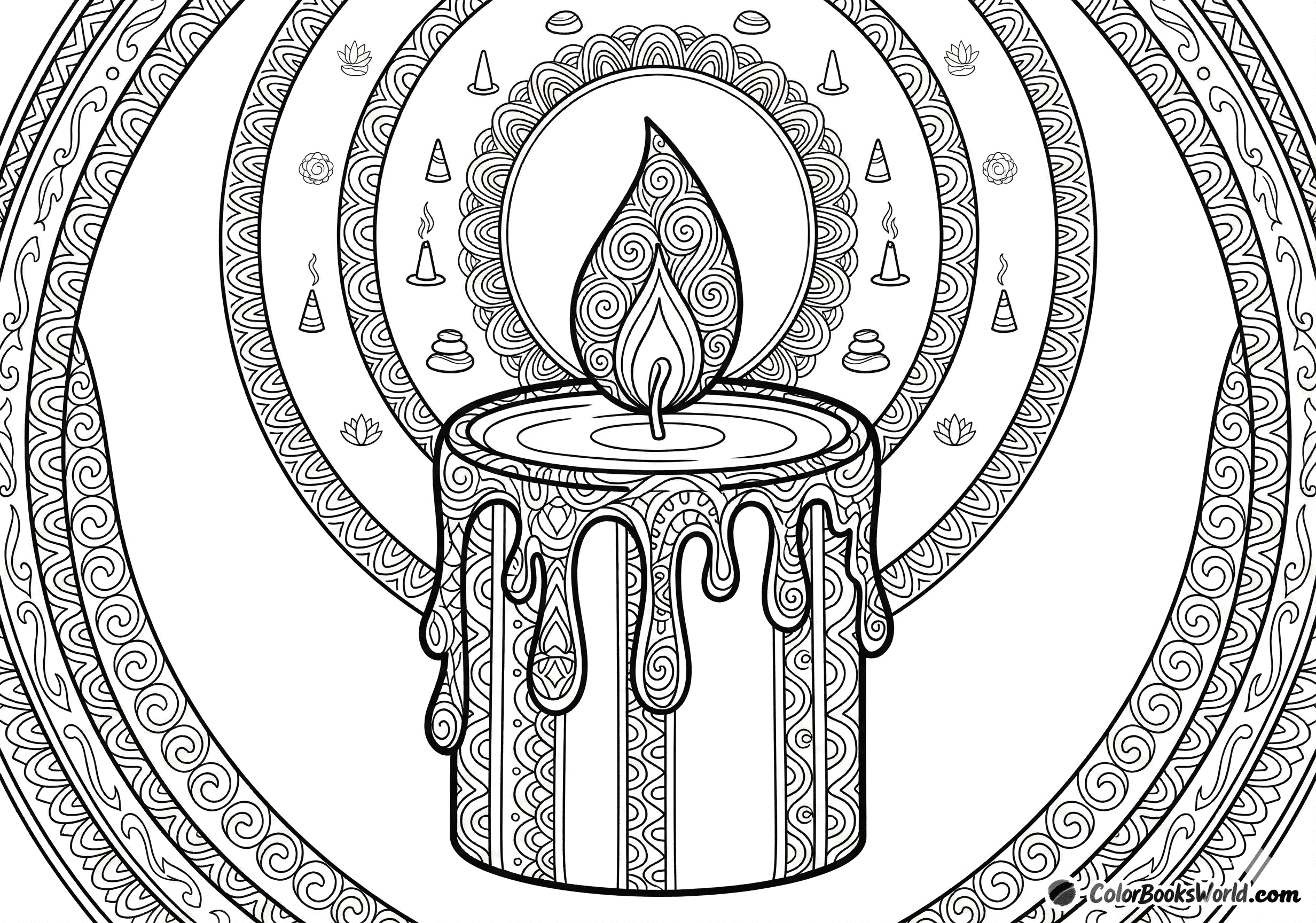 A detailed line art of a candle with spiral flame patterns and dripping wax against a decorative halo background.